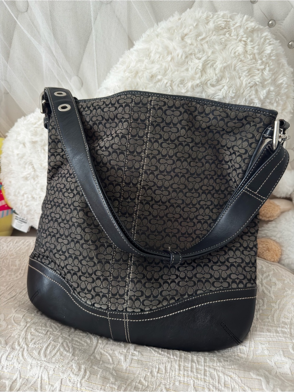 Coach Signature Monogram Black and Brown Shoulder Bag